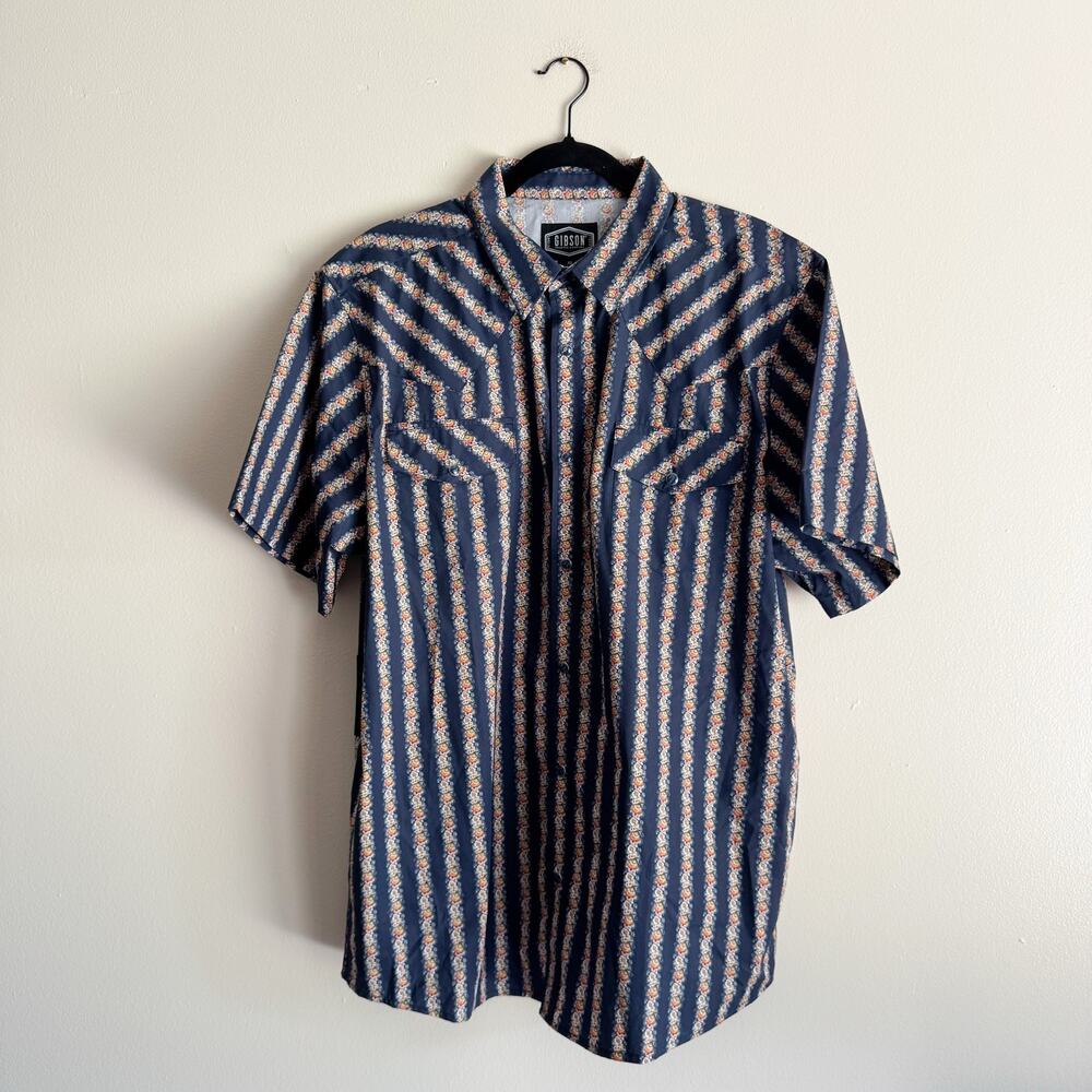 Gibson Navy Blue Striped Floral Print Short Sleeve Collared Shirt XL NWT Country